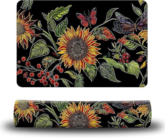 Dog Food Mat, 15.7" x 23.6" Absorbent Pet Feeding Mat for Food and Water, Waterproof Diatom Mud Pet Placemat with Non-Slip Rubber Backing, Cat Bowl Mat for Floors - Red Butterfly Sunflower
