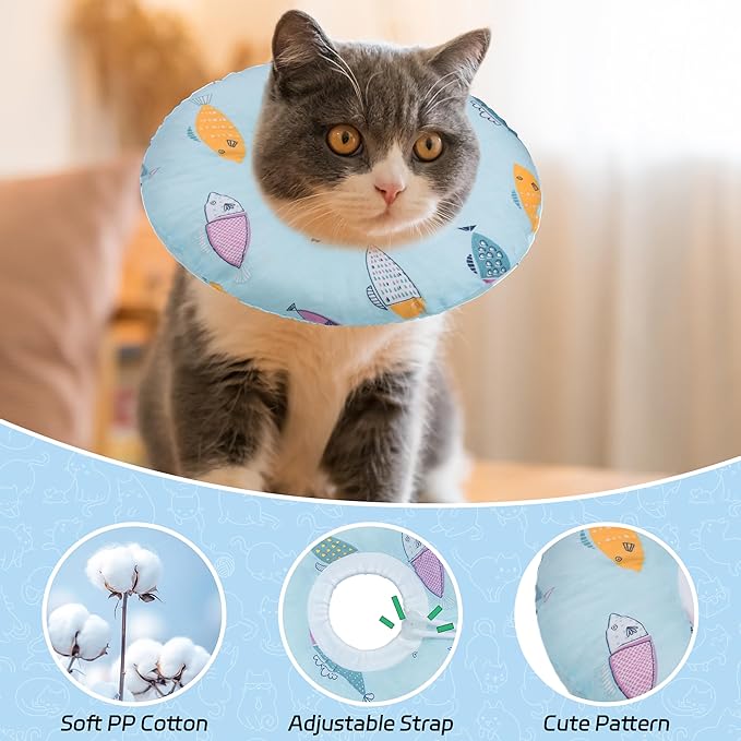 Seyezo Cat Cone Collar Soft, Kitten Spay Soft Cones to Stop Licking, Cat Neck Donut Pillow After Surgery, Kittens Protective Collar After Spay, Cute Recovery Cone for Cats (Blue Fish, Small)