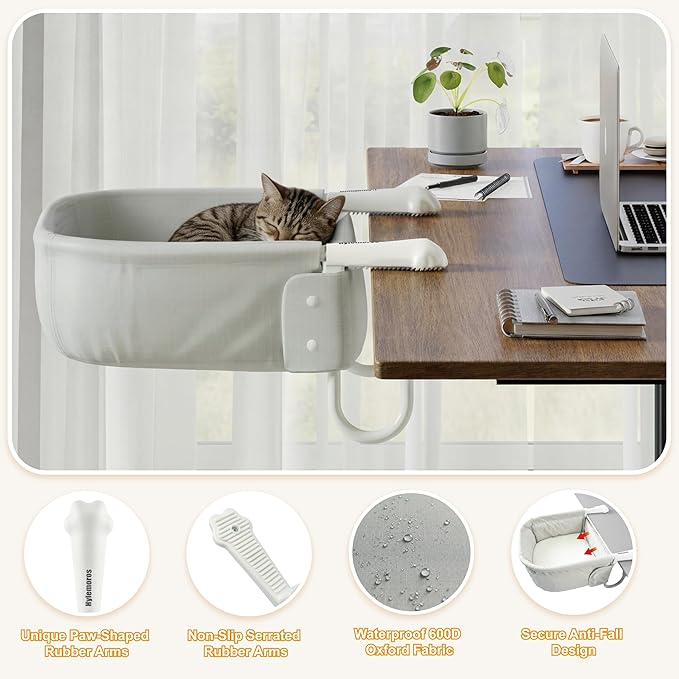 Cat Desk Bed for Large Cats 50 lbs Heavy Duty Cat Bed for Desk Attachment with Paw Design Extra-Sturdy Dog Chair Dual-Sided Mat Waterproof Easy Assembly for Gaming Desk Kitchen Island White