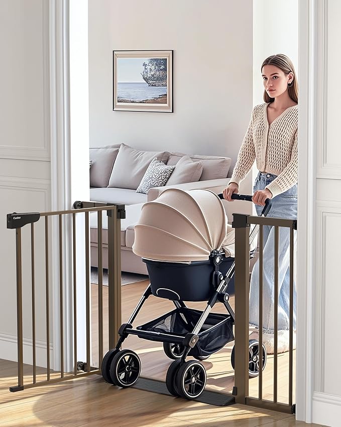Cumbor 30-46" Baby Gate for Stairs, Mom's Choice Awards Winner-Auto Close Dog Gate for the House, Easy Install Pressure Mounted Pet Gates for Doorways, Easy Walk Thru Wide Safety Gate for Dog, Brown