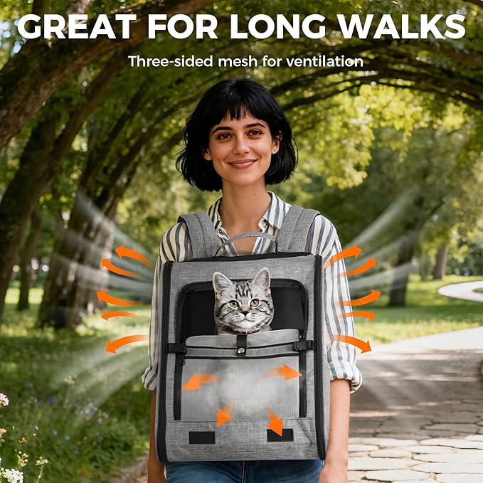 Pet Carrier for Cat - Stable Wide Base Cat Backpack Carrier with Airy Design, Escape-Proof Safety, Night Reflective & Multi-Pocket Storage