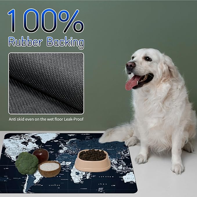 Dog Food Mat, 19.6" x 23.6" Absorbent Pet Feeding Mat for Food and Water, Waterproof Diatom Mud Pet Placemat with Non-Slip Rubber Backing, Easy Clean Cat Bowl Mat for Floors - Grey Map