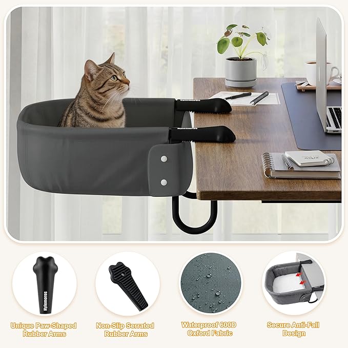 Cat Desk Bed for Large Cats 50 lbs Heavy Duty Cat Bed for Desk Attachment with Paw Design Extra-Sturdy Dog Chair Dual-Sided Mat Waterproof Easy Assembly for Gaming Desk Kitchen Island Gray
