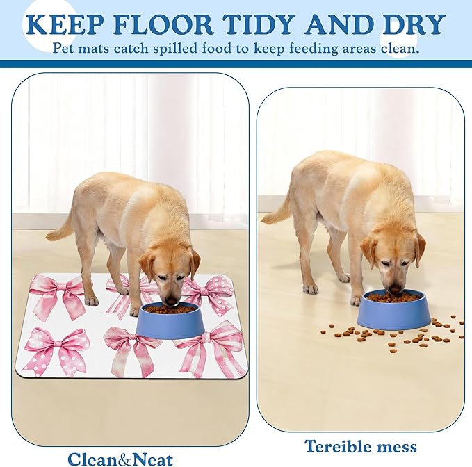 Pink Bows Dog Cat Food Mat–Absorbent Waterproof Placemat for Food and Water Bowls, Non Slip Rubber Backing, Feeding Mat for Clean Floors 12"x20"