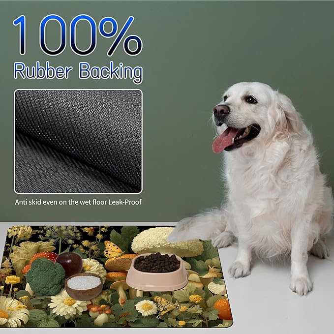 Dog Food Mat, 15.7" x 23.6" Absorbent Pet Feeding Mat for Food and Water, Waterproof Diatom Mud Pet Placemat with Non-Slip Rubber Backing, Easy Clean Cat Bowl Mat for Floors - Mushroom Daisy
