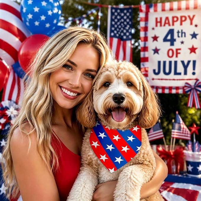 Weewooday 50 Pcs 4th of July Dog Bandanas Bulk for Patriotic 250th Anniversary, Red White Blue Striped Star Triangle Scarf for USA Memorial Small Medium Large(Striped Star, 25.6 x 17.7 x 17.7 Inch)