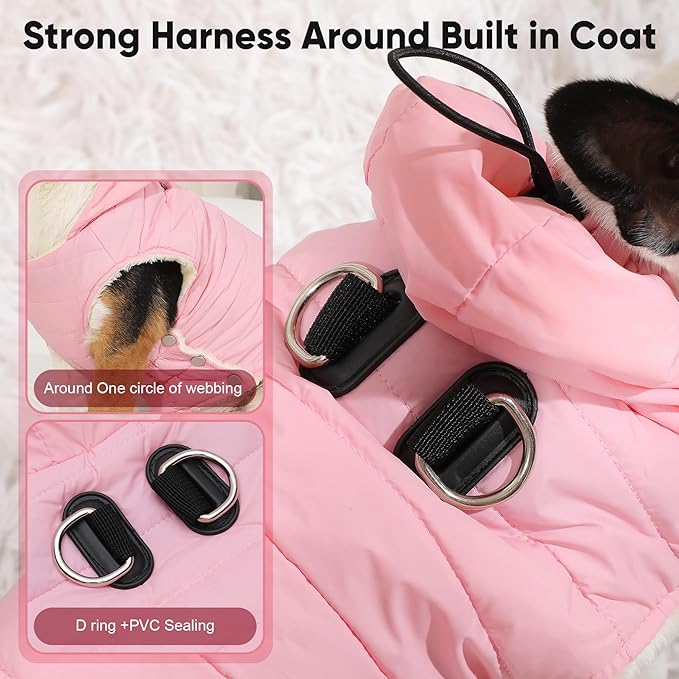 Vecomfy Fleece Lining Dog Hoodie with Harness Built in,Extra Warm Small Dog Jacket in Winter Puppy Coats with Drawstring Hooded,Light Pink M