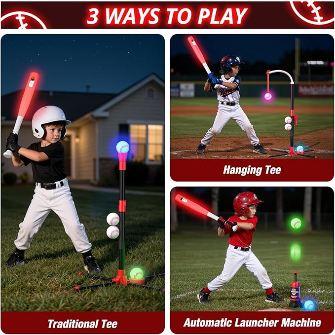 Wee Wonders 3-in-1 LED T Ball Set for Kids, Adjustable Height, Hanging Tee Ball Set with Baseball Launcher/4 Softballs/Light Up Bat, TBall Stand Sport Toys, Baseball Gifts for Boys Girls Age 3-5