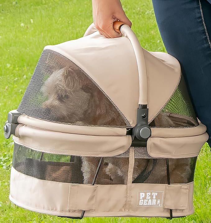 Pet Gear No-Zip View 360 Ultra Lite Pet Safety Carrier & Car Seat for Small Dogs & Cats, Push Button Entry, 15", Wheat