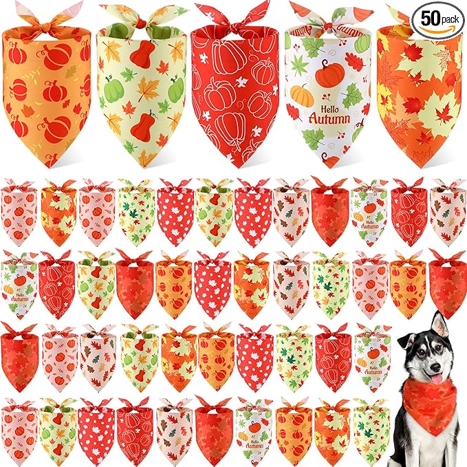 Weewooday 50 Pcs Thanksgiving Fall Dog Bandanas Bulk Pumpkin Maple Leaves Autumn Bandanas for Bibs Adjustable Scarf for Small Medium Large Pets Cats Costume(Leaves Pattern, 31.5 x 21.7 X21.7 Inch)