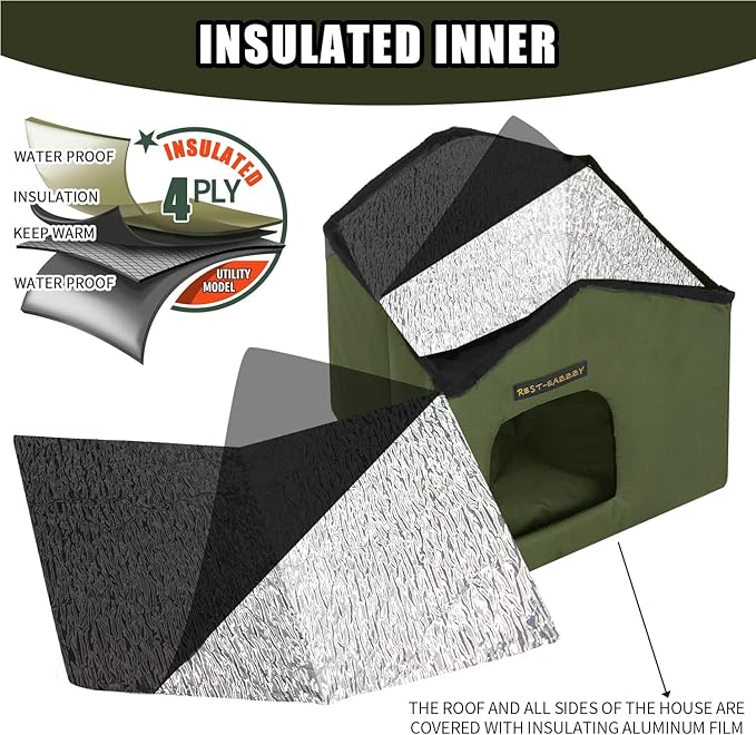 Rest-Eazzzy Cat House for Outdoor Cats, Weatherproof and Insulated Feral Cat House with Mat and Clip, Easy to Put Together, Selfwarming Cat Shelter for Summer(Olive Green, Canopy House X 1)