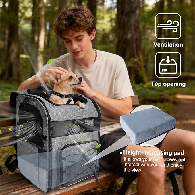 Dog Carrier Backpack for Small Dogs - Breathable Mesh Hiking Bag with Safety Buckle, Adjustable Straps and Elevated Pad - Durable for Hiking (Fits Small Cats Too, Up to 17lbs, Gray)
