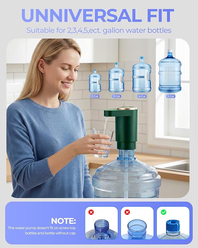 Water Jug Pump for 5 Gallon Bottle – Portable Electric USB-C Charging Dispenser, Dual Powerful Motors, Fast Flow, Fits 2-5 Gallon Jugs – Ideal for Home, Office, Camping, RV, Dark Green
