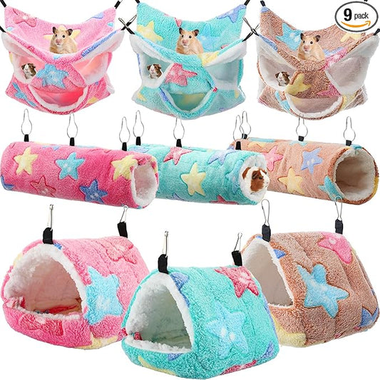 Abbylike 9 Pieces Rat Hammock 3 Tier Guinea Pig Ferret Hammocks Small Pet Hanging Tunnel Glider Toy Guinea Pig Ferret Hideout Bed Cage Accessories for Hamster (Green, Pink, Brown,Stars)