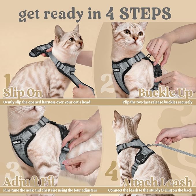 rabbitgoo Cat Harness and Leash Set, Escape Proof Vest Harness for Safe Outdoor Walks, Soft Breathable Adjustable Vest with Reflective Strips for Average to Large Cats, Grey, M