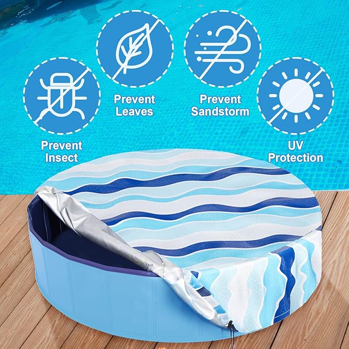 Foldable Dog Pool Cover – Waterproof Round Pet Dog Kiddie Bath Tub Lid Cover, Fit for 32/48/63 Inch Pools, Outdoor Portable Puppy Pool Accessories with Drawstring
