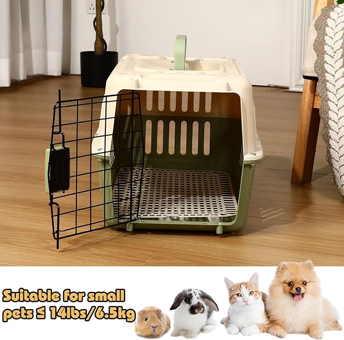 2 Set Hard Plastic Pet Carrier Breathable Dog Cat Kennel with Metal Door Bowl Grille Mat Pet up to 14 Lbs Carrier for Walking Camping Vet Visits Travel, 17.3"L x 11.8"W x 10.6"H(Green White)
