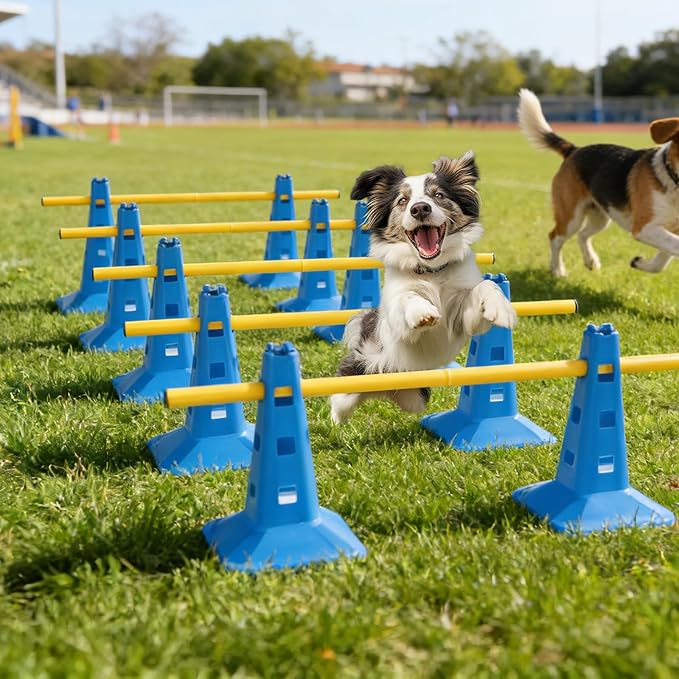Dog Agility Hurdle Cone Set, Dog Agility Course Backyard Set with Height Adjustable Crossbar for Rehabilitation & Beginners, Dog Agility Equipment for Obstacle Courses,4 Height Levels (10 Pack