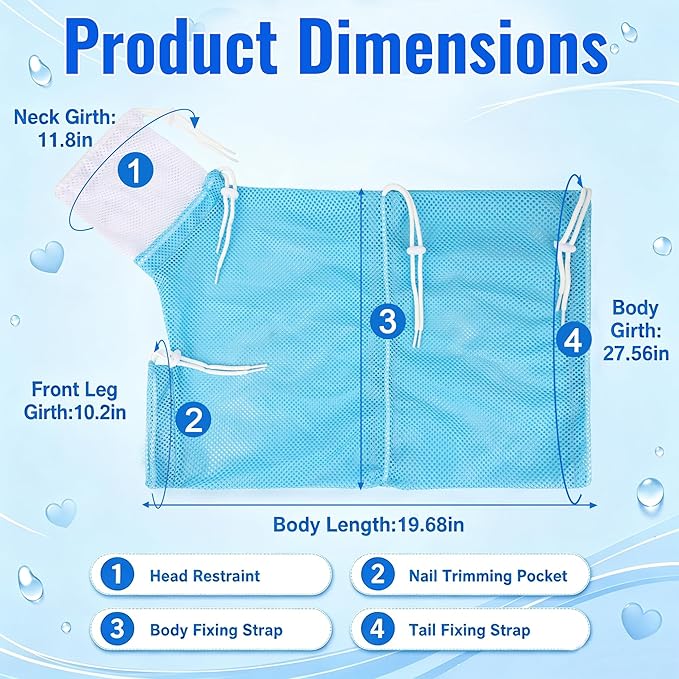 Cat Bathing Bag, Catcan Breathable Cats Grooming Bag, Anti Scratch Adjustable Cat Shower Washing Bags with Mesh for Nail Trimming (White- Blue)