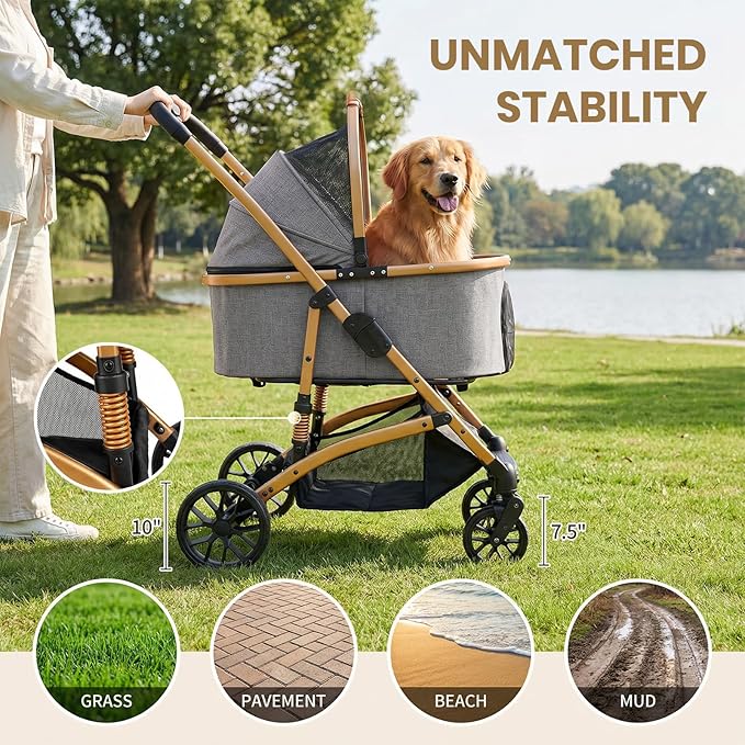 3-in-1 Dog Stroller with Rain Cover, Quick Foldable, Detachable Carrier & Car Seat, for Medium Dogs Cats Up to 50 lbs, Anti-Shock Solid Rubber Wheels, Grey