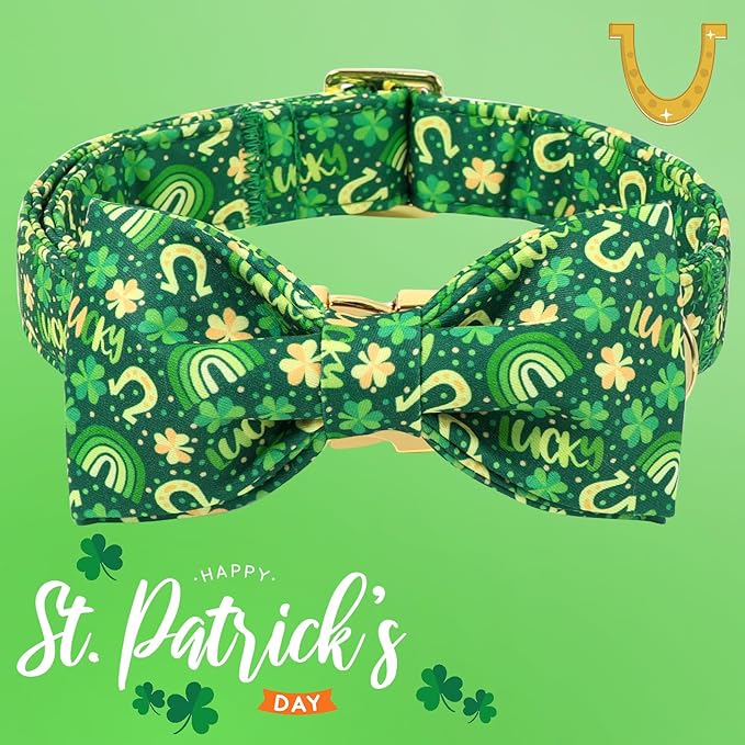 DOGWONG St. Patrick's Day Dog Collar with Bow Tie- Lucky Shamrock Bowtie Collar for Girl Boy Dog, Trefoil Dogs Collars Durable Adjustable, S