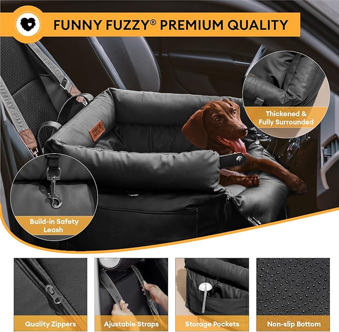 FUNNYFUZZY Luxury Dog Car Seat for Small Medium Dogs Under 35 lbs, Waterproof Leather Pet Booster Seat with Safety Leash & Anti-Slip Base, Fully Padded Dog Car Bed, Portable Puppy Carrier(Black)