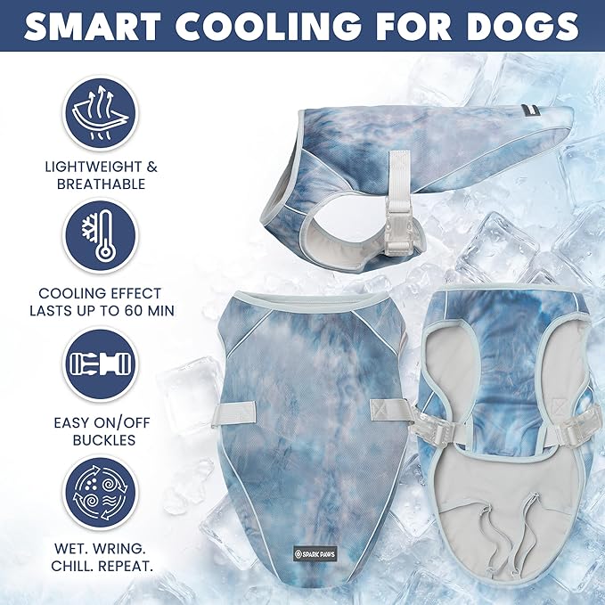 Spark Paws Dog Cooling Vest - SPF 50 UV Sun Protection - Summer Heat Relief Gear for Dogs, Lightweight, Evaporative Cooling - Dog Anxiety Relief Vest During Hot Days - Ice Blue, Small