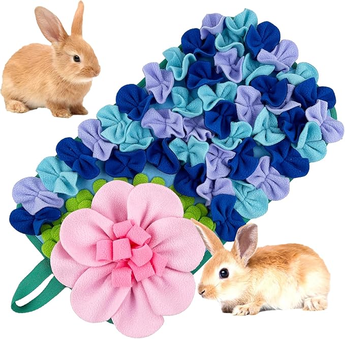 Small Animals Foraging Mat – Cute Rabbit Feeding Mat with Fun Design, Slow Eat Durable Fleece Pad for Rabbits, Hamsters, Guinea Pigs (Blue)