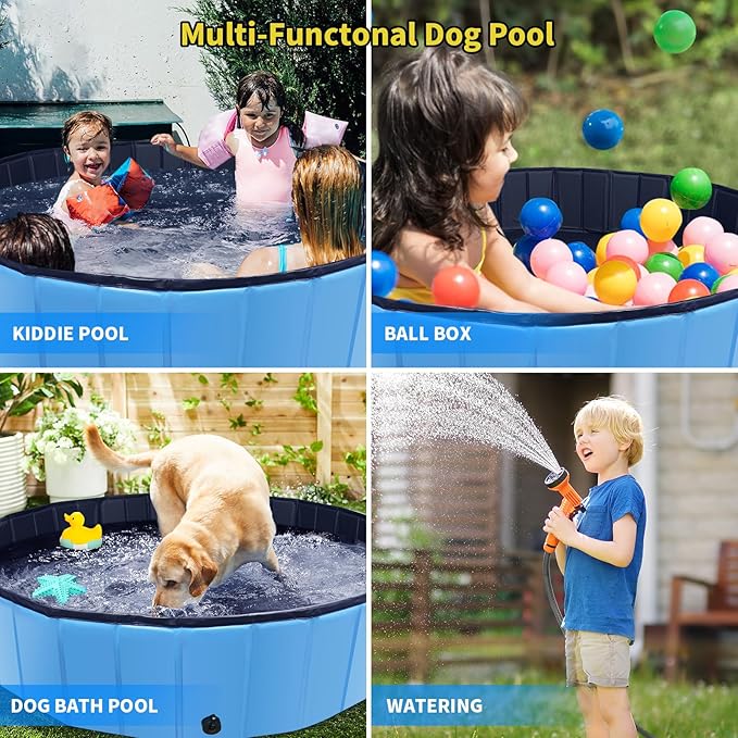 CACSPS Foldable Dog Pool, 32" x 8" Kiddie Pool with Hard Plastic, Non-Slip Dog Bath Tub for Outdoor Backyard, Collapsible Dog Swimming Pool for Kids Dogs Pets (Blue)