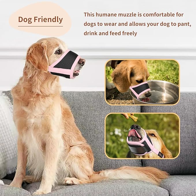 HEELE Dog Muzzle,Soft Nylon Muzzle Anti Biting Barking Chewing,Air Mesh Breathable Drinkable Adjustable Loop Pets Muzzle for Small Medium Large Dogs 4 Colors 4 Sizes (Pink, M)