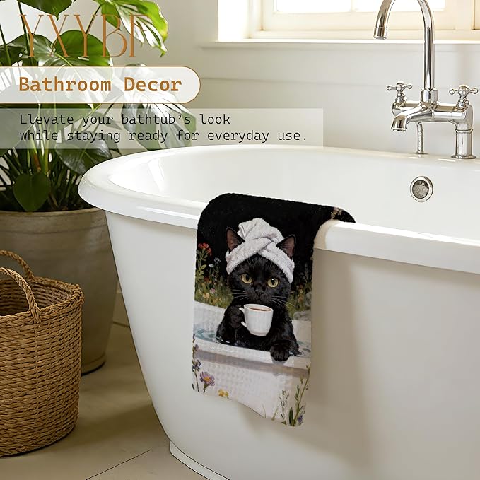 Funny Black Cat Hand Towels for Bathroom Washroom Spa Decor 16x24 Inches, Black Cat Gifts for Women, Floral Coffee Kitty Bathroom Hand Tea Towels Decorative