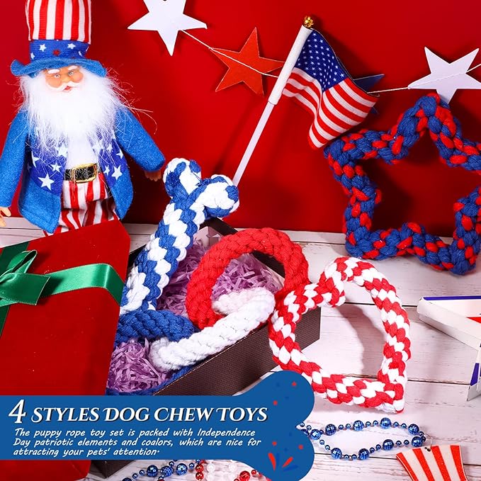Sotiff 4 Pcs 4th of July Dog Rope Patriotic Pet Chew Toys Bone Star Heart Shape Durable Dog Toys for Small Breed Dogs Puppy Teething Independence Day Supplies, 4 Styles