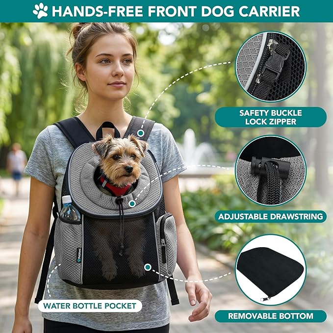 PetAmi Dog Carrier Backpack, Hands Free Front Pet Carrier for Small Medium Cats Puppies, Adjustable Ventilated Reflective Pet Travel Bag for Hiking Camping Biking Walking, Up to 14 lbs, Gray