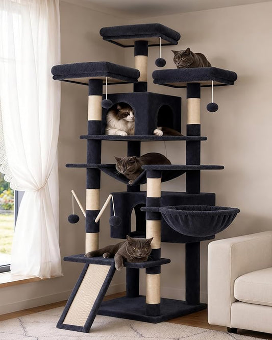 Hey-brother Cat Tree, 71 inches XL Large Cat Tower for Indoor Cats, Multi-Level Cat House with 3 Padded Perches, Big Scratcher, Cozy Basket, 2 Cat Condos and Scratching Posts, Smoky Gray MPJ034G