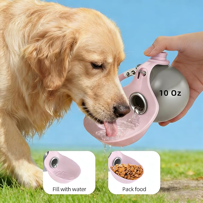 2 In 1 Portable Dog Water Bottle with Foldable Silicone Bowl, 10 Oz Travel Water Bottle for Dogs Drinking, Leakproof Stainless Steel Pet Water Bowl for Outdoor Walking Hiking Camping (Pink with Print)