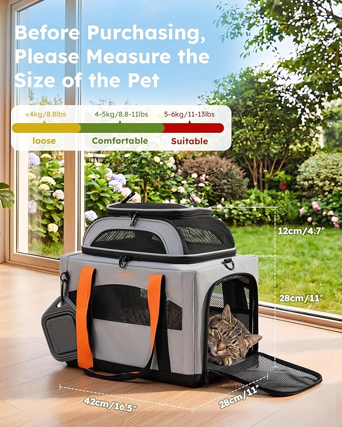 Pecute Top Expandable Cat Carrier Sturdy Pet Bag with 5mm Anti-Collapse Steel Frame, Soft Dog Carrier for Car Travel Vet Visits Outdoor Hammock,Foldable Travel Crate with Leakproof Pee Pad & Bowl,Gray