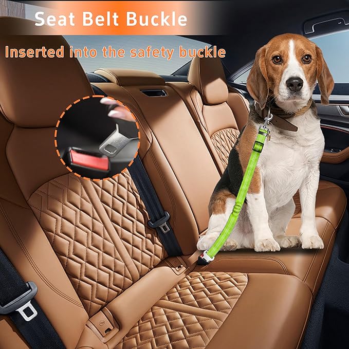 Seyezo Dog Car Seat Belt - 3 Piece Set Retractable Dog Harness with Adjustable Reflective Seatbelt for Vehicle Headrests - Heavy Duty & High Elastics - Green