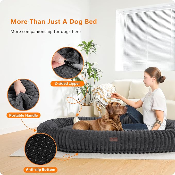 Human Dog Bed for Adult, Reversible Orthopedic Gel Memory Foam Cushion, Washable Corduroy Fleece, Plump Edge with Blanket, Storage Pocket, Strap, 71"x47.2"x9", Extra Large, Dark Grey