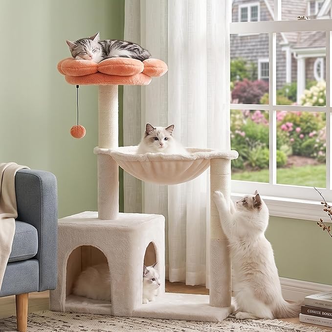 Flower Cat Tree 34" Scratching Post Small Cat Tower for Large Cats,Featuring with 15.7”Large Hammock, Removable Top Bed and Wide Condo for Indoor Cats-Beige