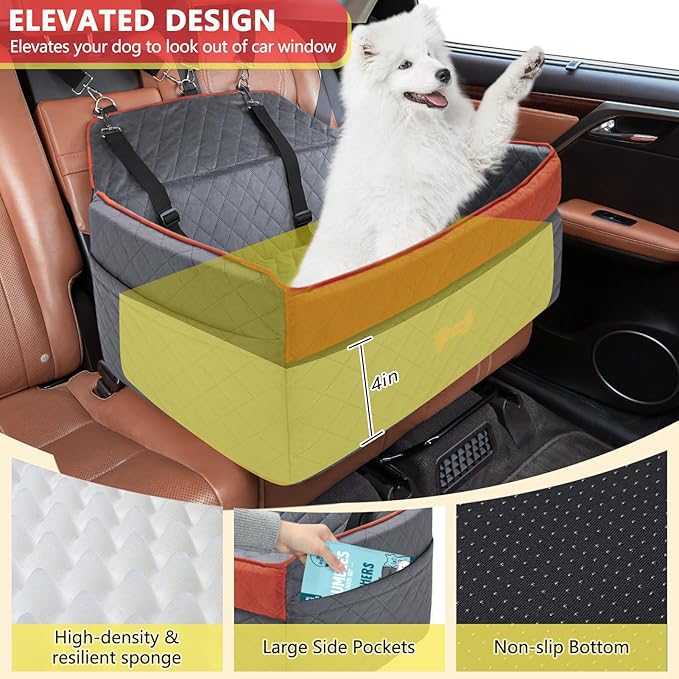 Dog Car Seat for Medium Large Dogs, Detachable Washable Pet Booster Seat with Memory Foam Cushion, Side Pockets, 2 Clip-On Safety Leashes Pet Car Seat for Dog Up to 60 lbs/2 Small Dogs-Grey