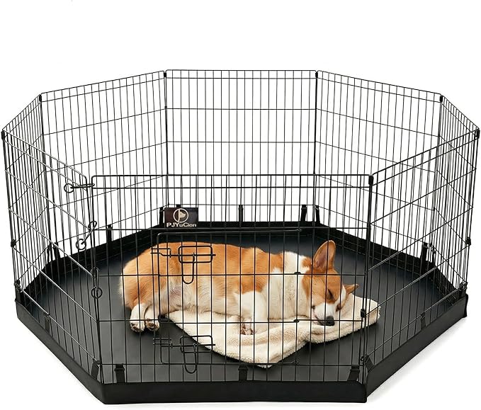 PJYuCien Octagonal Dog Playpen with Bottom Pad - Metal Foldable Exercise Pen, 8 Panels 30" H x 24" W Indoor Outdoor Pet Fence Puppy Crate Kennel, Black