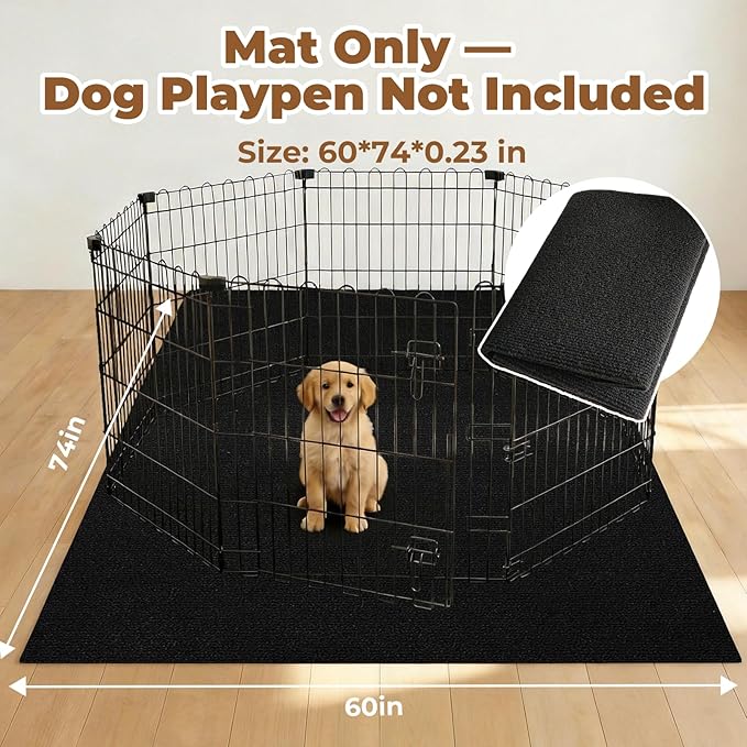 Huge Dog Playpen Mat, 60 in x74 in Dog Crate Mat Extra Large Reusable Puppy Training Pads for Under Crate Cages, Reusable Washable Waterproof Non-Slip Dogs Playpen Mats Pad for Floor Kennel Black
