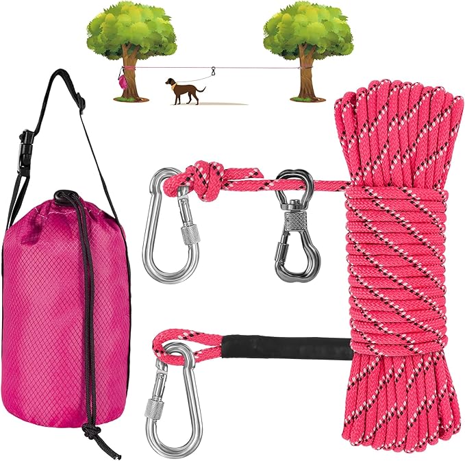 XiaZ Dog Tie Out Cable for Camping, 100ft Portable Overhead Trolley System for Dogs up to 200lbs，Dog Lead for Yard, Camping, Parks, Outdoor Events,5 min Set-up