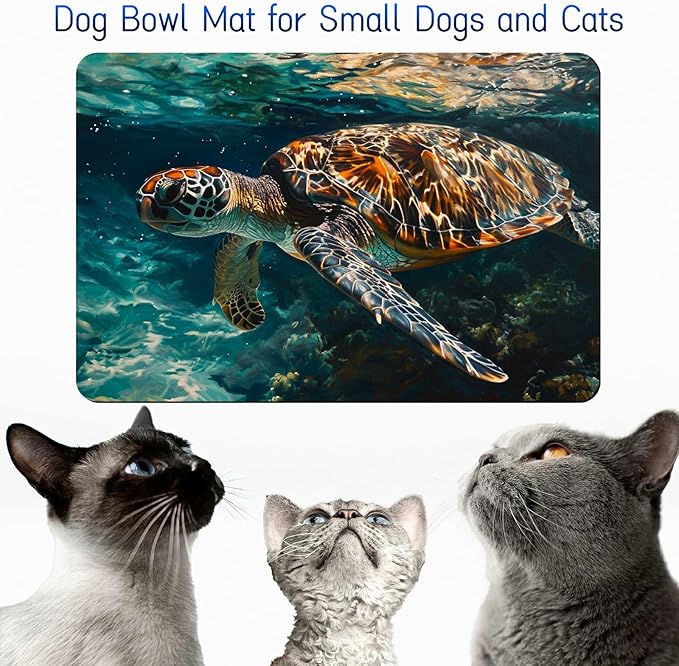 Dog Food Mat, 19.6" x 23.6" Absorbent Pet Feeding Mat for Food and Water, Waterproof Diatom Mud Pet Placemat with Non-Slip Rubber Backing, Easy Clean Cat Bowl Mat for Floors - Ocean Sea Turtle
