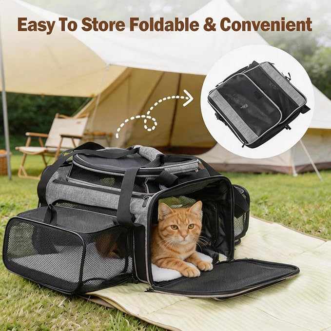 Cat Carrier Soft Sided, Expandable Pet Carrier for Medium Small Pets, Collapsible Travel Carrier with Hard Shell, 360° Panoramic Mesh, Washable Waterproof Pad | – 17.3×13.8×9.4 (Gray)