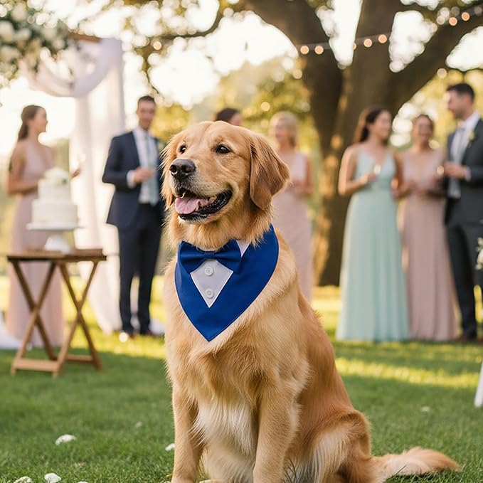 ADOGGYGO Blue Dog Tuxedo Bandana, Formal Wedding Bow Tie Collar, Adjustable Birthday Wedding Costume for Large Dogs (L)