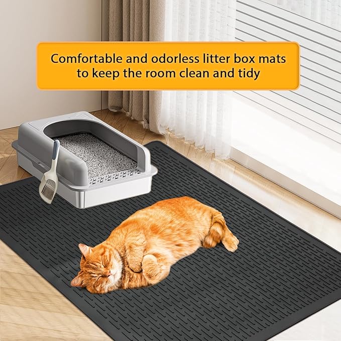 Large Cat Litter Mat 39x27 Inch, XL Waterproof Cat Litter Box Mat, Extra Large Litter Trapping Mat, Washable Rubber Cat Litter Catcher Mat for Multiple Cats, Black
