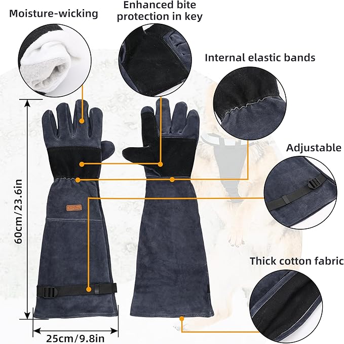 23.6 In Leather Welding Gloves - Pet Glove for Grabbing Reptile，Bite Resistant, Bite Proof, Safety Grooming for Dog Cat Reptiles, Snakes, Features an Adjustable Strap (Blue-gray)
