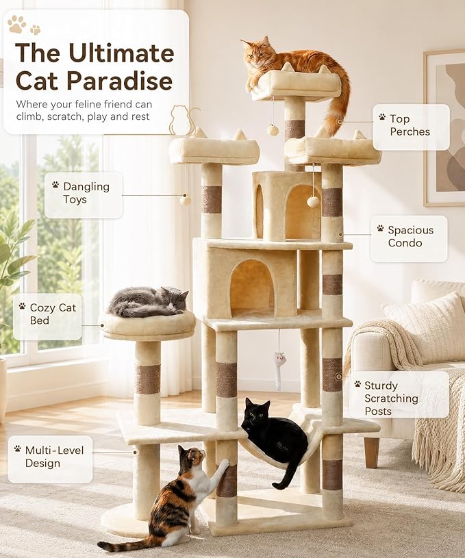 Heavy Duty Cat Tree for Indoor Cat, 71 Inch Large Cat Tower with Scratching Post and Top Perch, Hammock, Big Cat Condo for Adult Cats Kittens, PMT03BW, Beige