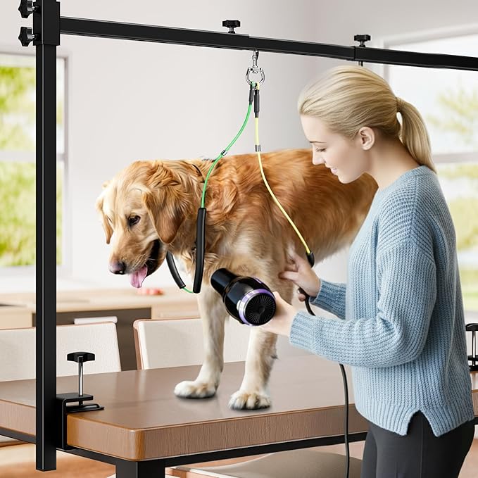 Dog Grooming Arm for Table, S Size, Adjustable 42" Height & 31"–43" Width, H-Shape Stable Grooming Stand, Clamp Fits up to 2.76", with Hammock & 2 Nooses for Home Grooming & Nail Trimming